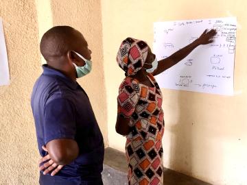 Man and woman looking at chart posted on a wall